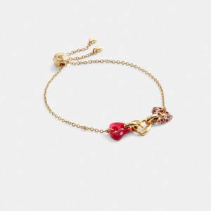 Gold / Pink / Multicolor Women COACH® Pavé Hearts Chain Link Slider Bracelet | NZ AHT526
