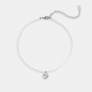 Silver Women COACH® Heart Pearl Choker Necklace | NZ SGR579