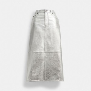 Silver Women COACH® Leather Long In Metallic Skirt | NZ TCQ468