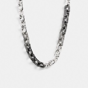 Silver Women COACH® Pavé Signature Mixed Chain Necklace | NZ LIA586